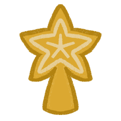  A golden star attached to a triangular base of the same colour. There are lighter yellow star shores inside the main star.